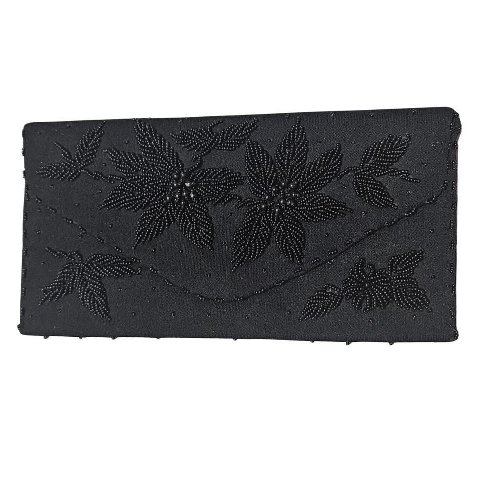 1960s Black Hand Beaded Stretched Nylon Envelope Wallet Hand Bag Clutch Purse